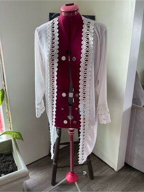Open-Front White Lace-Trim Women's Layering Duster Cardigan